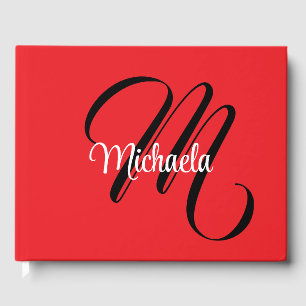 Minimalistic modern monogram initial name red guest book