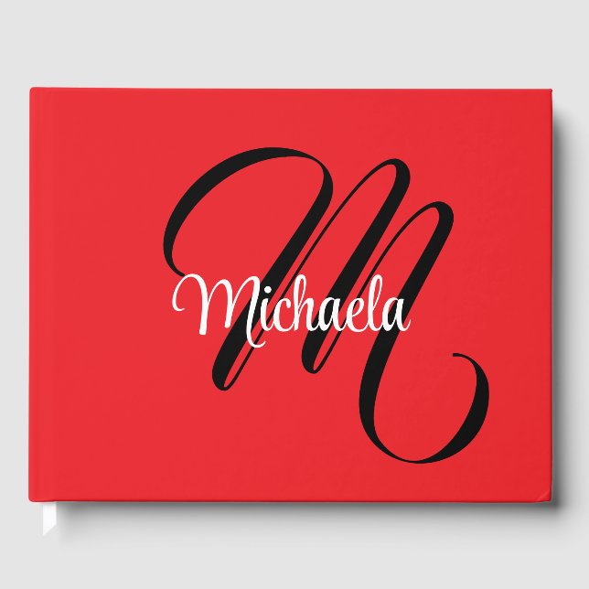 Minimalistic modern monogram initial name red guest book (Front)
