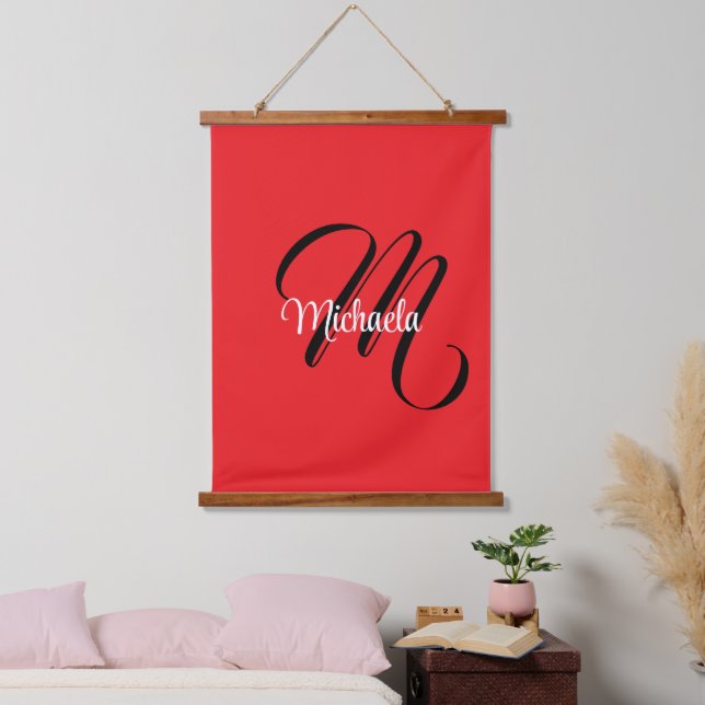 Minimalistic modern monogram initial name red hanging tapestry (Bedroom)