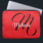 Minimalistic modern monogram initial name red laptop sleeve<br><div class="desc">Minimalistic modern monogram initial name black white. Personalizable custom name with a cursive initial behind on a red colour.</div>