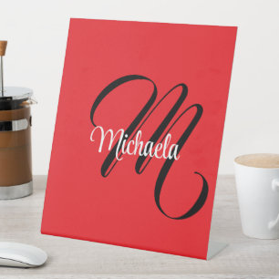 Minimalistic modern monogram initial name red pedestal sign
