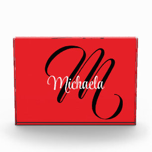 Minimalistic modern monogram initial name red photo block