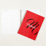 Minimalistic modern monogram initial name red planner<br><div class="desc">Minimalistic modern monogram initial name black white. Personalizable custom name with a cursive initial behind on a red colour.</div>