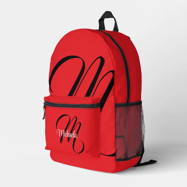 Minimalistic modern monogram initial name red printed backpack (Back Corner Right)