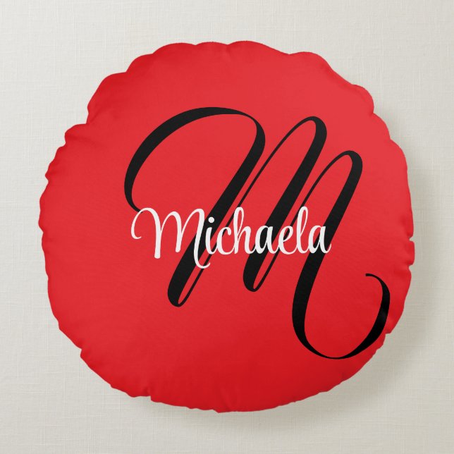 Minimalistic modern monogram initial name red round cushion (Front)