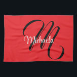 Minimalistic modern monogram initial name red tea towel<br><div class="desc">Minimalistic modern monogram initial name black white. Personalizable custom name with a cursive initial behind on a red colour.</div>
