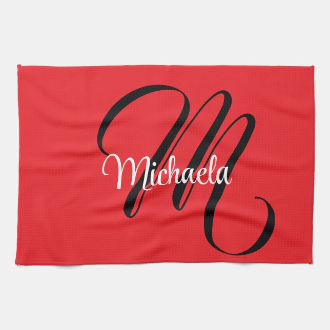 Minimalistic modern monogram initial name red tea towel (Horizontal)