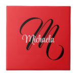 Minimalistic modern monogram initial name red tile<br><div class="desc">Minimalistic modern monogram initial name black white. Personalizable custom name with a cursive initial behind on a red colour.</div>