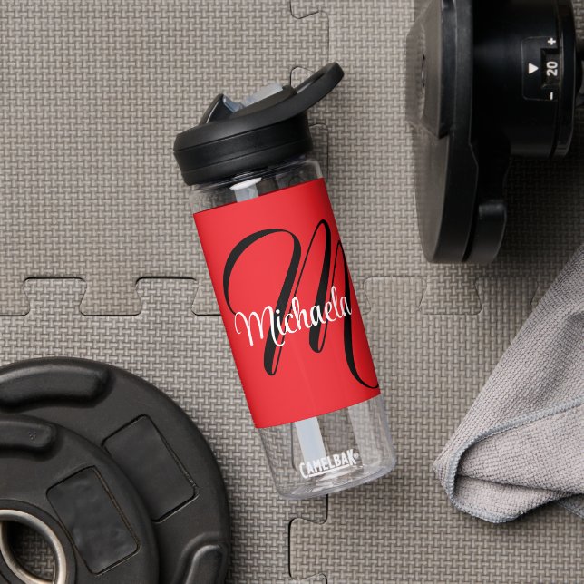 Minimalistic modern monogram initial name red water bottle (Gym)
