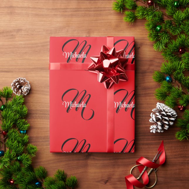 Minimalistic modern monogram initial name red wrapping paper (Holiday Gift)