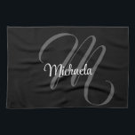 Minimalistic modern monogram initial name tea towel<br><div class="desc">Minimalistic modern monogram initial name black white. Personalizable custom name with a cursive initial behind on a black colour.</div>