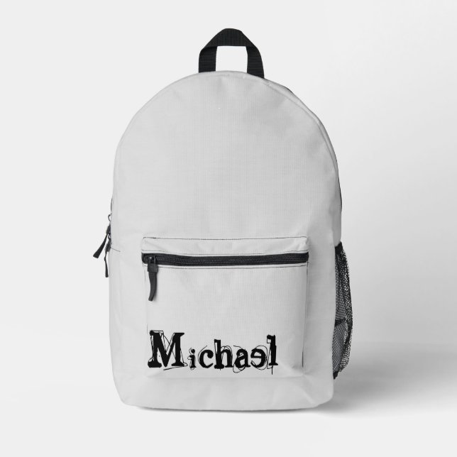 Minimalistic modern monogram name black grey printed backpack (Front)