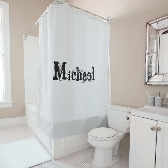 Minimalistic modern monogram name black grey shower curtain (In Situ)