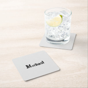Minimalistic modern monogram name black grey square paper coaster