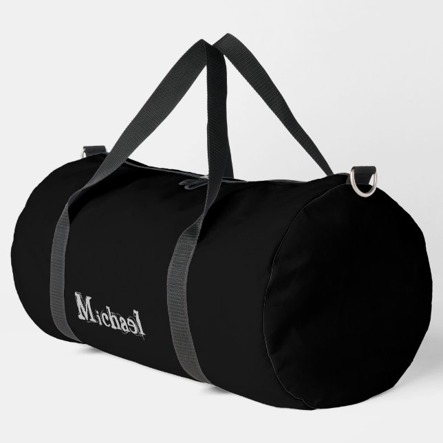 Minimalistic modern monogram name black white duffle bag (Left Corner)