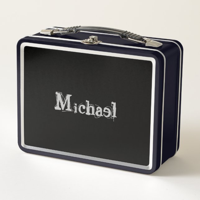 Minimalistic modern monogram name black white metal lunch box (Front)