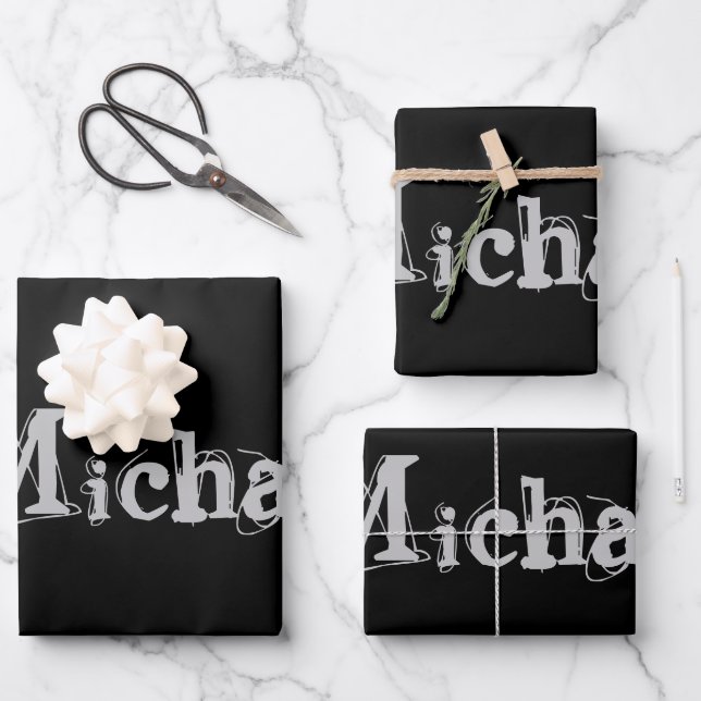 Minimalistic modern monogram name black white wrapping paper sheet (Front)