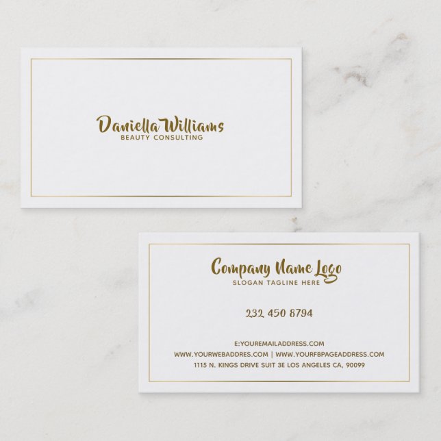 Minimalistic Modern Tin Gold Border On White Business Card (Front/Back)