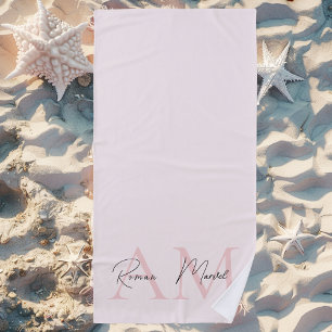 Minimalistic Monogram Initial & Name Pastel Pink Beach Towel