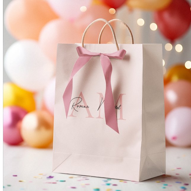 Minimalistic Monogram Initial & Name Pastel Pink  Medium Gift Bag (Creator Uploaded)