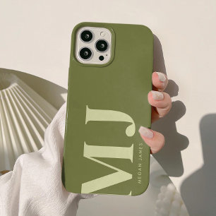 Minimalistic Olive Green Personalised Initials iPhone 15 Case