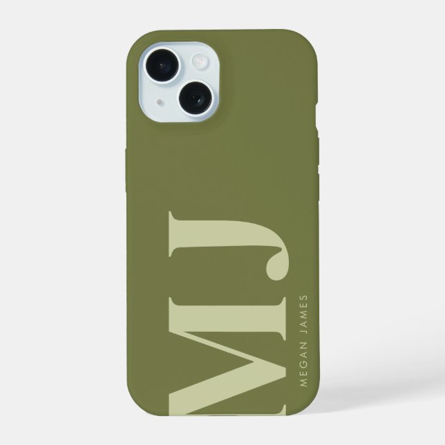 Minimalistic Olive Green Personalised Initials iPhone 15 Case (Back)
