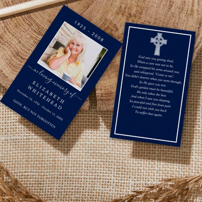 Minimalistic Photo Funeral Celtic Prayer Card Navy (Creator Uploaded)