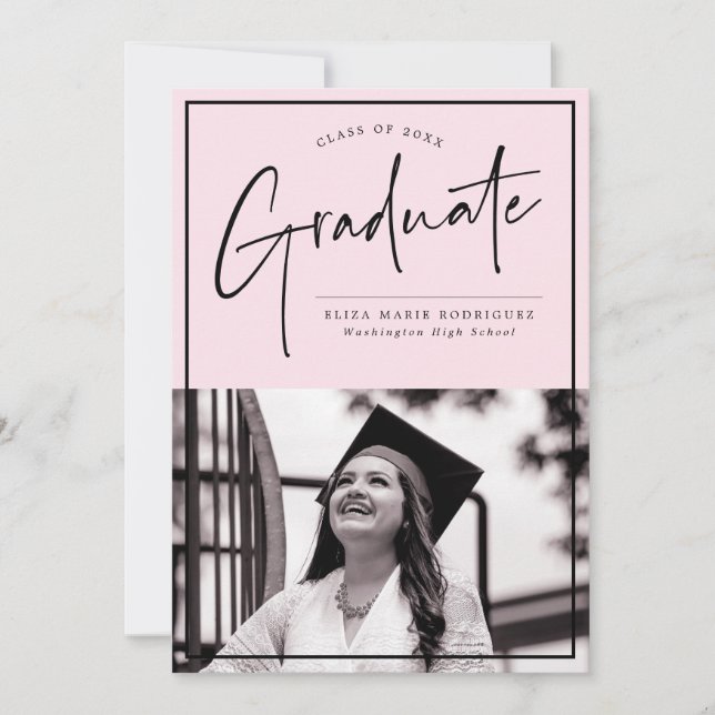 Minimalistic Pink Background Photo Graduation Announcement (Front)
