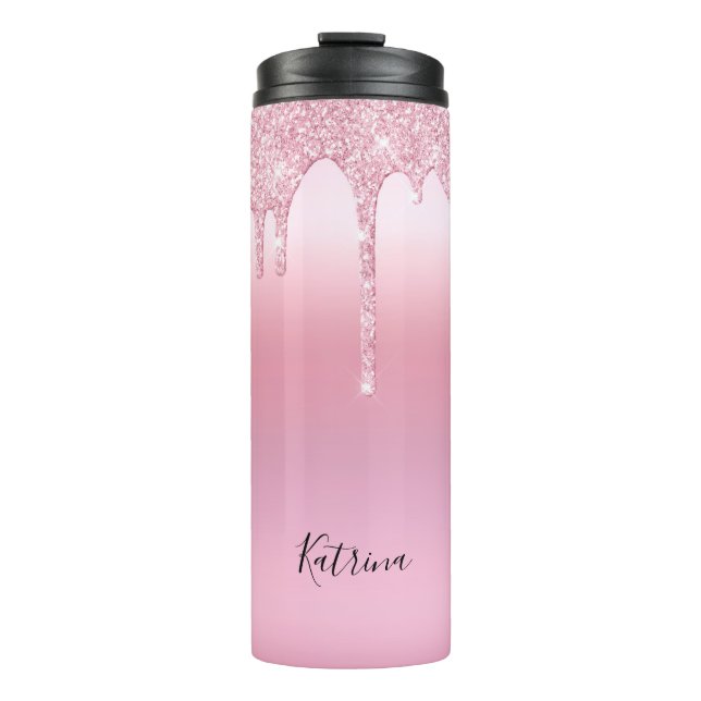 Minimalistic Pink Dripping Glitter Personalised  Thermal Tumbler (Front)