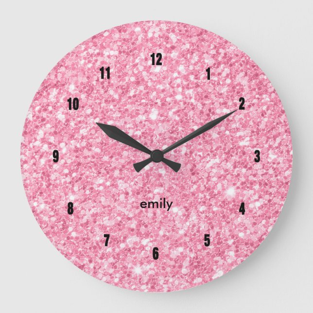 Minimalistic pink faux glitter large clock (Front)