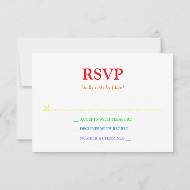 Minimalistic Rainbow-Coloured Font Wedding RSVP Card (Front)