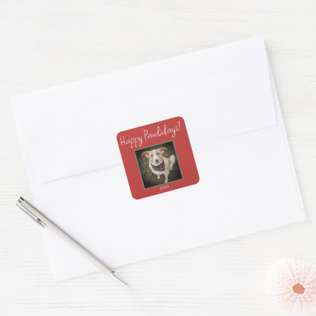 Minimalistic Red Happy Pawlidays Pet Holiday Square Sticker (Envelope)