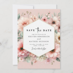 Minimalistic Romantic Pink Floral Wedding Save The Date
