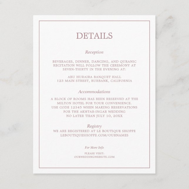 Minimalistic Rose Gold Wedding Details Enclosure  Card (Front)