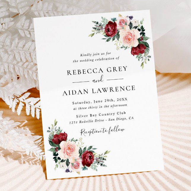Minimalistic Rustic Burgundy Blush Floral Wedding  Invitation (Creator Uploaded)