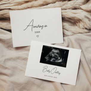 Minimalistic Script Baby Arriving Pregnancy Photo Announcement