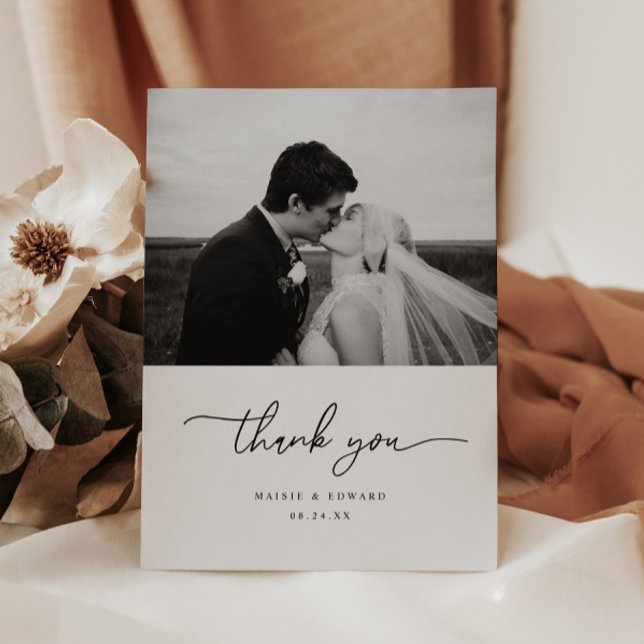 Minimalistic Script Black & White Wedding Photo Thank You Card (Creator Uploaded)