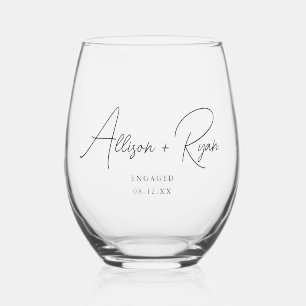Minimalistic Script Custom Names Engagement Stemless Wine Glass