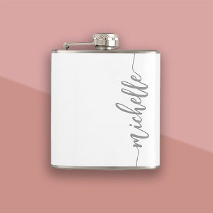 Minimalistic Script Personalized Name White Hip Flask
