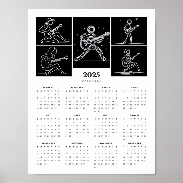 Minimalistic Stick Figure Guitarists 2025 Calendar Poster (Front)
