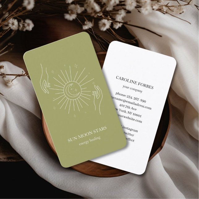 Minimalistic sun moon star Business card (Minimalistic sun moon star Business card, olive-green.)
