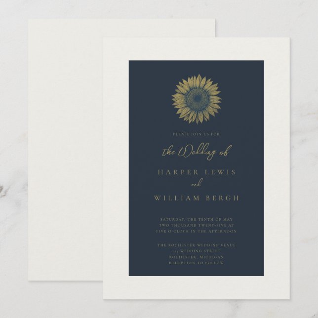 minimalistic sunflower navy wedding invitation (Front/Back)