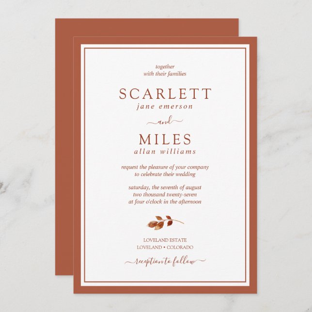 Minimalistic Terracotta Fall Leaves Border Wedding Invitation (Front/Back)