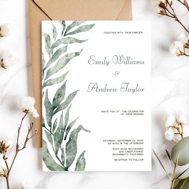 Minimalistic watercolor green wedding invitation  (Elegant minimalistic watercolor green invitation, perfect for weddings or baby showers)