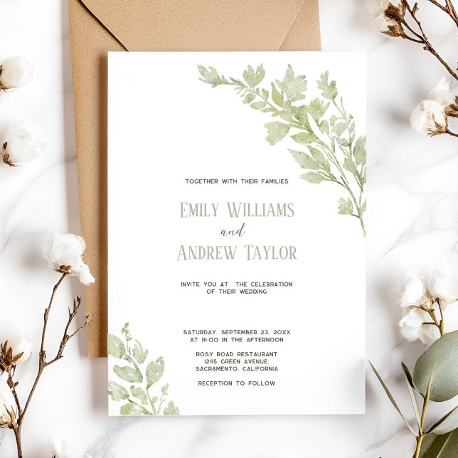 Minimalistic watercolor green wedding invitation  (Elegant minimalistic watercolor green invitation, perfect for weddings or baby showers)
