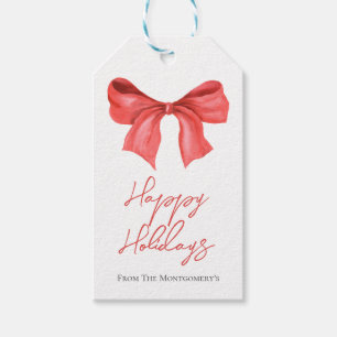 Minimalistic Watercolor Red Ribbon Happy Holidays Gift Tags