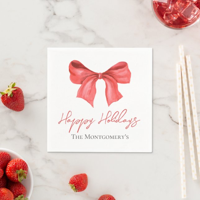 Minimalistic Watercolor Red Ribbon Happy Holidays Napkin (Insitu)
