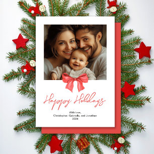 Minimalistic Watercolor Red Ribbon Single Photo Holiday Card