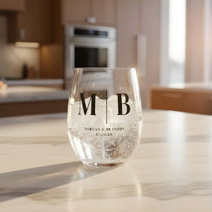 Minimalistic Wedding Couple Names Monogram Stemless Wine Glass