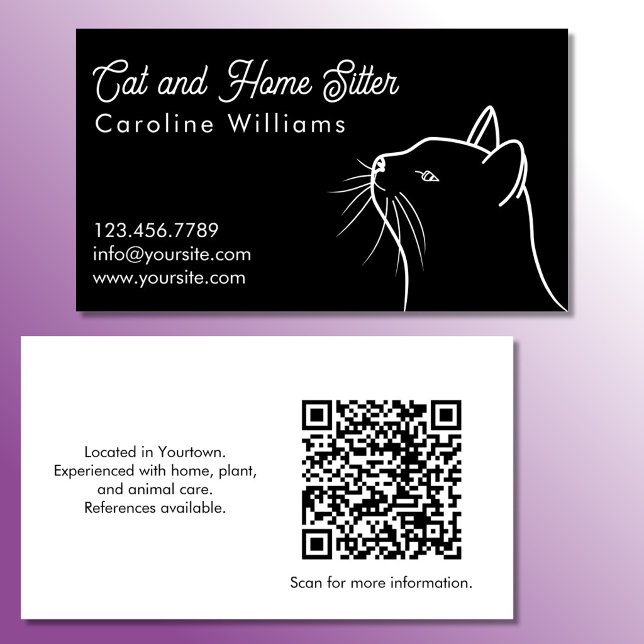 Minimalistic White Black  Cat Illustration QR code Business Card (Creator Uploaded)